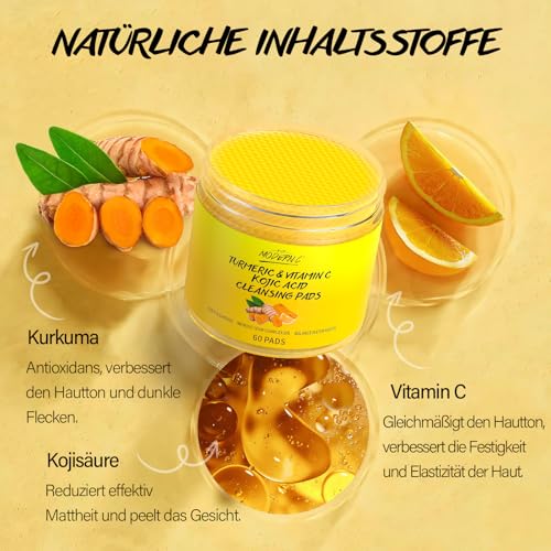 Kojisäure- und Kurkuma-Reinigungspads für das Gesicht, 60 Stück Kurkuma Gesichtspeelingpads, Vitamin-C-Peelingpads, Kojisäure Peeling-Reinigungspads, tiefenreinigende Poren, Aknen, Gleicht Hautton