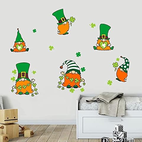 St. Patrick's Day Wall Decals Irish Shamrock Leprechaun Gnome Wall Stickers Removable Art Mural for Kids Room Nursery Bedroom Window Irish Party Supplies Home School Decor Cover