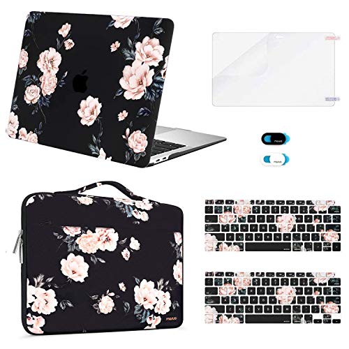 MOSISO MacBook Air 13 inch Case 2020 2019 2018 Release A2179 A1932 Retina, Plastic Camellia Hard Shell&Sleeve Bag&Keyboard Cover&Webcam Cover&Screen Protector Compatible with MacBook Air 13 inch,Black