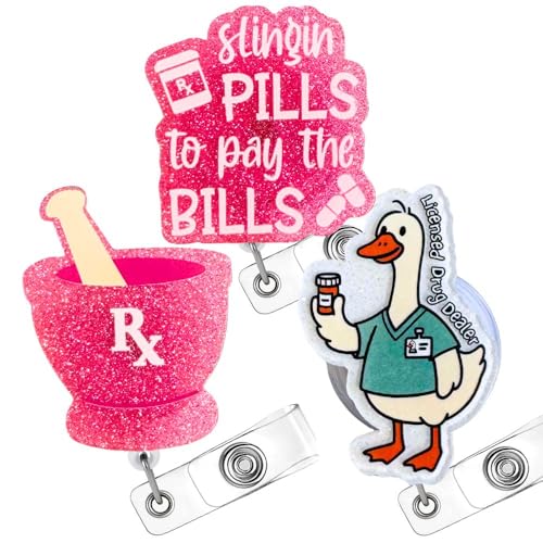 3PC Pharmacy Badge Reel Cute Glittery RX Pill Acrylic Silly Goose Hilarious Witty Retractable ID Name Holder with Alligator Clip Funny Medical Accessories Bulk Appreciation Gift for Nurses Tech Week
