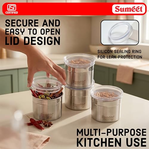 Image of Sumeet ISI Certified Stainless Steel Small Canisters /Dabba /Storage Containers for Kitchen with See Through Air Tight Lid - Set of 4 Pcs - 550ml, 10cm Dia, Silver