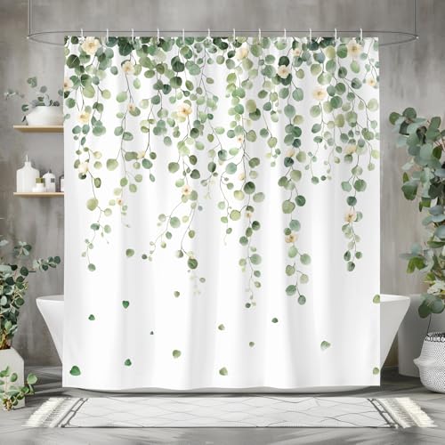Dazzlewall Duschvorhang Grüne Blätter 180x180cm, Eukalyptusblatt Pflanze Duschvorhänge, Wasserdicht & Anti-Schimmel, Waschbar Polyesterstoff Badezimmer Vorhang für Badewannen mit 12 Haken