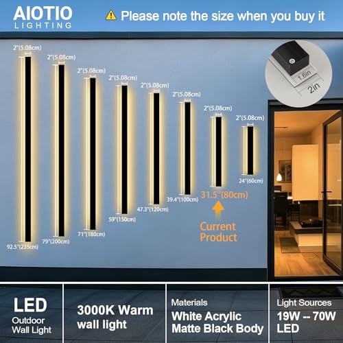 Image of AioTio Outdoor Wall Lights Exterior,31.5inch Black Outdoor Light Fixtures Wall Mount,3000k Waterproof Modern Porch Lights Wall Sconce,Long LED Linear Outside Lighting for Garage,Courtyard
