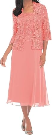 Yuxin 2 Piece Mother of The Bride Dresses for Wedding 3/4 Sleeve Lace Chiffon Mother of Groom Dress with Jacket Coral Long Formal Evening Gowns for Women Us12