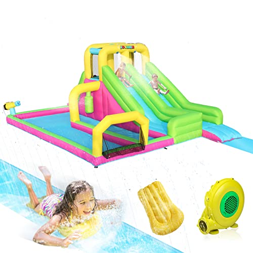 Joymor Inflatable Water Slide Park With 20Ft Slip And Slides For Kids Backyard, Soccer Net, Obstacle Course, Water Gun, Lawn Water Slide Summer Water Toy With Sprinkler W/Bodyboard & 750W Air Blower #TOP6