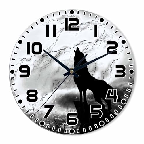 Wolf Wall Clock 10 inch Round Thunderstorm Lightning Silent Non Ticking Wood Wall Clocks Battery Operated Easy to Read Decorative Wall Clock for Bedroom Kitchen Living Room Bathroom