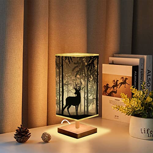 Bedside Table Lamp Deer With Antlers Posing Forest Silhouettes Of Trees Magical Misty Reading Small Desk Lamp Dimmable Flaxen Fabric Shade Wood Base Table Lamp For Living Room Bedroom Nightstand #TOP3