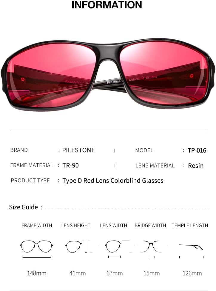 Pilestone TP-016 Lens D Color Blind Glasses Sporty Style for Medium/Strong Red Blindness Indoor/Outdoor Use