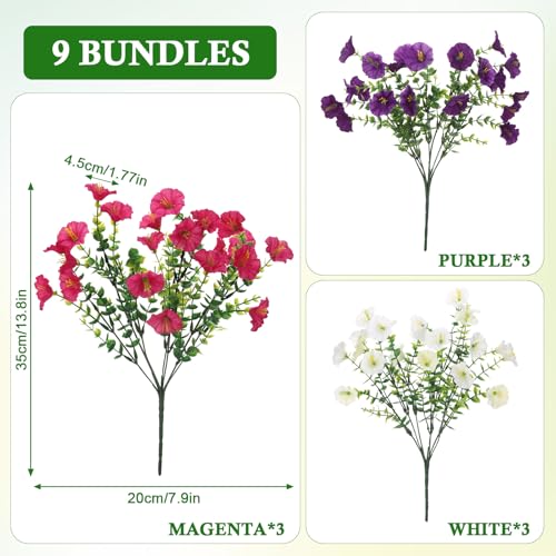 9 Bundles Artificial Flowers for Outdoors, UV Resistant Artificial Outdoor Plants Fake Flowers Outside – Realistic Faux Petunias Silk Flowers for Garden Porch Balcony Indoor Decor