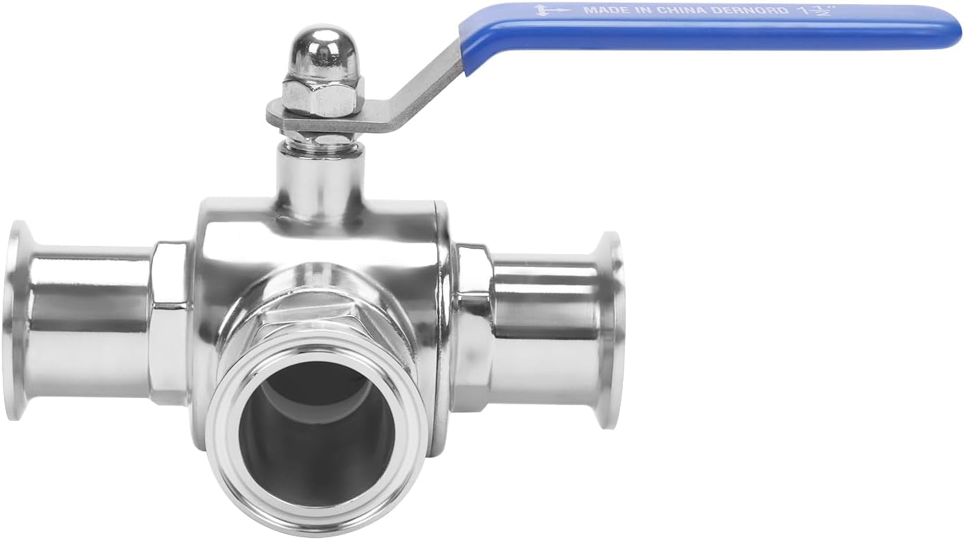 DERNORD 1.5" Tri Clamp Sanitary Ball Valve, 3-Way Ball Valve T-Port Stainless Steel 304, PTFE Lined (1-1/2 inch Tube OD)