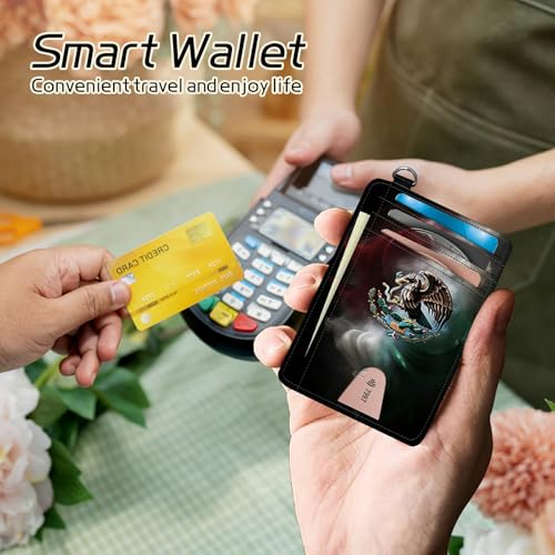 Image of Small Travel Wallets, Mexico Flag Slim Minimalist Front Pocket Wallet with Wristlet, RFID Blocking PU Leather Credit Card Holder with ID Window Change Purse for Men Women