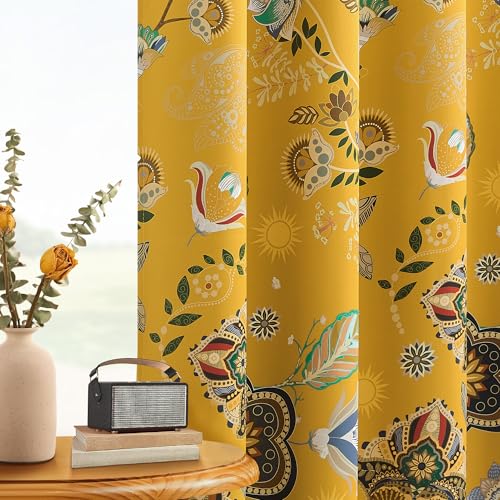 Image of XiDi Mustard Yellow Patterned Blackout Curtains 84 Inches Long 2 Panels | Vintage Floral Curtains for Bedroom Living Room, Thermal Insulated Grommet Top Luxury Mid Century Colorful Drapes, 52x84