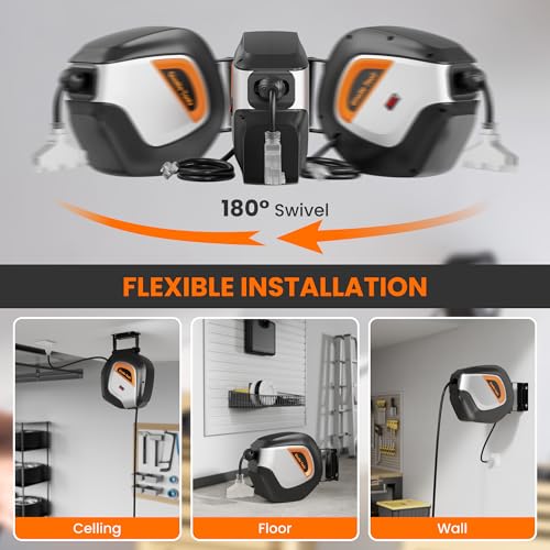 Image of Giraffe Tools Retractable Extension Cord Reel SJT, Heavy Duty Power Cord Reel Wall /Ceiling Mount for Garage with Lighted Triple Tap, 12 Gauge 50FT