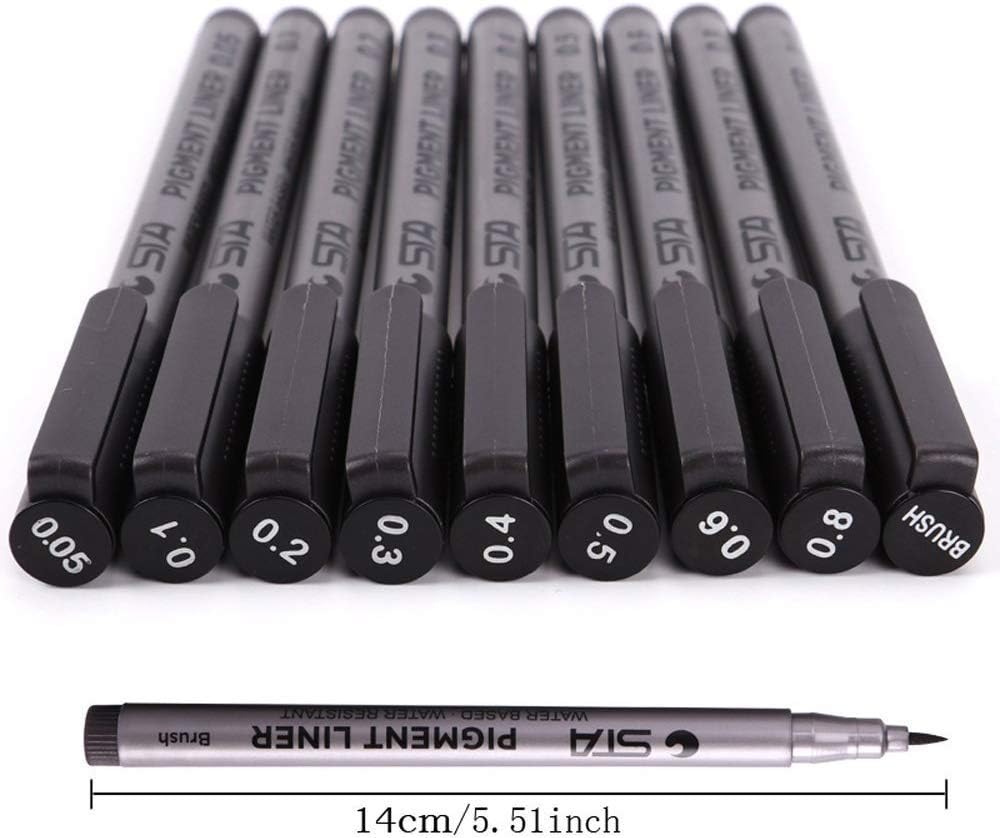 GXR Plumas de Línea Fina, 9 Diferentes Grosores Negro Rotuladores de Punta Fina para Bullet Journal Sketching Dibujo Dibujo Oficina Documentos Cómic Manga Scrapbooking y Uso Escolar (0.05-0.8mm)