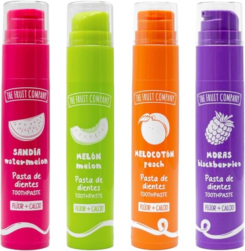The Fruit Company Pasta Dental Flúor + Calcio Pack de 4 Unidades, sin azúcar con Sabor a Melón, Moras, Melocotón y Sandía en Fórmula Vegana