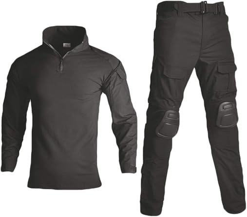 HARGLESMAN Mens Military BDU Combat Suit, Slim Fit Tactical Shirt & Pants, Soft Breathable Quick-Dry Gear, Black S