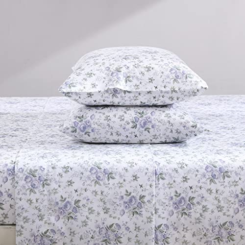 Image of Laura Ashley - Queen Size Sheet Set, Soft Cotton Sateen Bedding with Fitted Sheet and Pillowcases, Floral Bedroom Decor, Deep Pocket, College Dorm Room Essentials (Lilian Purple)