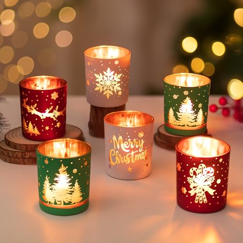 Hewory Christmas Candle Holder Decorations: Set of 6 Tea Light Candle Holders Christmas Table Centrepiece, Xmas Ornaments Tealight Holders with Winter Santa Tree Pattern
