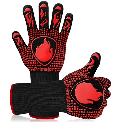 Primajor Grillhandschuhe Hitzebeständig bis 800°C, Grill Handschuhe mit verlängerter Stulpe, Ofenhandschuhe Topfhandschuhe Kochhandschuhe Feuerfeste Handschuhe zum Backen, Grillen, Kochen, BBQ