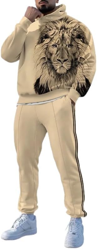 Men's printed spliced long sleeved hooded sweatshirt and pants two-piece casual street fashion jogging set