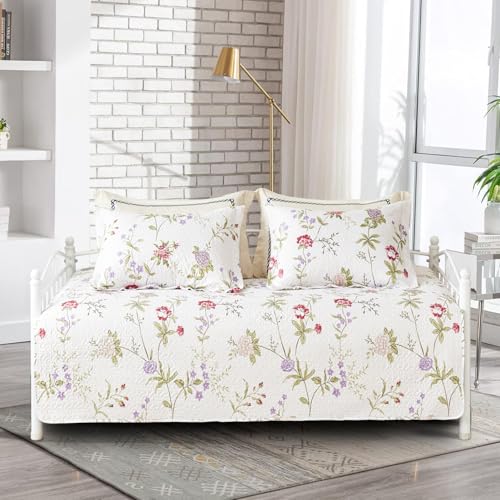 Image of Jarson 3 Pcs Floral Daybed Cover Set Twin Size Beige Purple Flower Sofa Cover Bedding Sets Double Side Bed Set for All Season Botanical Pattern Daybed Quilt Set with Pillow Shams