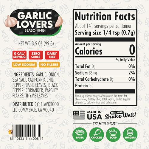 Image of Flavor God 2 Bottles Garlic Lovers Seasoning Mix Natural Healthy Spice Blend For Grilling Chicken, Beef, Seafood, Vegetables, Salad, Tacos & Pizza, Kosher, Gluten & Dairy Free, Vegan Keto Friendly