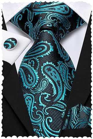 Hi-Tie Silk Paisley Necktie and Pocket Square Cufflinks Set, Teal, Medium