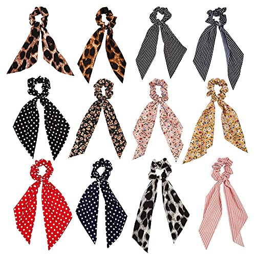 Hair Scarf Scrunchies for Women, 12 Designs, 10-Inch Scarves (12 Pack)