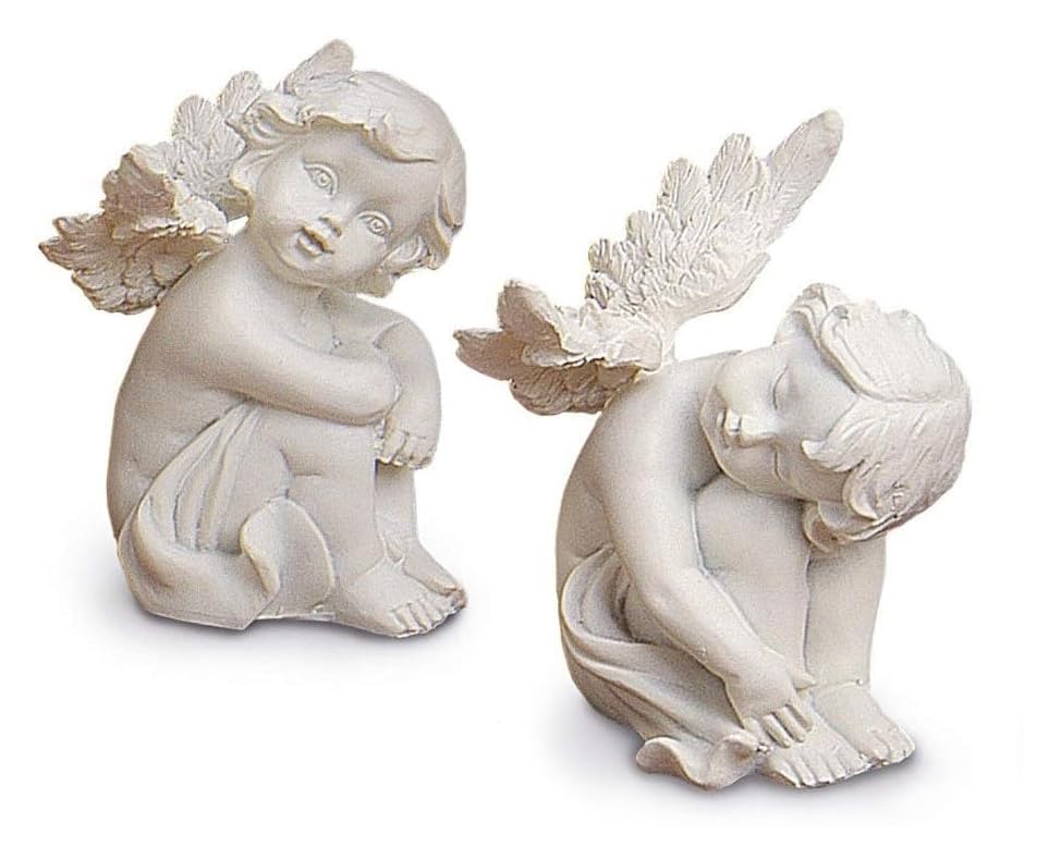 2x Decorative Angel Guardian Angel Sitting, Set of 8 cm Poly Stone Cream, Pair of Angels Figurine Children Angel Decorative Figure Angel Cherub
