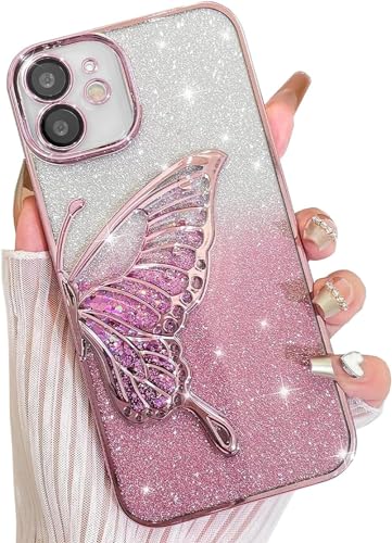 Image of SHINESTAR 3D Butterfly Case for iPhone 12 Cover, Cute Girly Glitter Bling Luxury Back Cover for Women Girls Protective Shockproof Slim Camera Protection for iPhone 12 - Pink