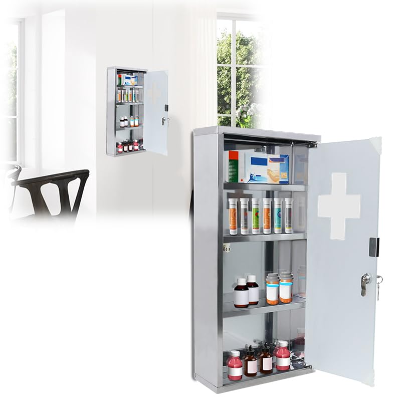 AufuN Medizinschrank aus Edelstahl, abschließbarer Arzneischrank Hausapotheke mit Glas Tür, Erste Hilfe Schrank, 4 Fächer für zu Hause, Silber, 30x12x57.5cm