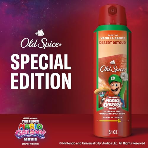 Image of Old Spice Aluminum Free Body Spray for Men, Old Spice x The Super Mario Galaxy Movie, 24 /7 Lasting Freshness, Lasting Odor Protection, Smell Super with Desert Detour, Vanilla Sands Scent, 5.1 oz