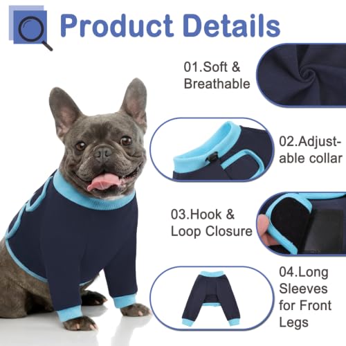 Image of KOESON Dog Recovery Sleeve for Front Legs, Soft Pet Recovery Suit After Surgery, Adjustable Dog Leg Elbow Protector, Pet Wound Care Shirt to Stop Licking, E-Collar Cone Alternative, NavyBlue S