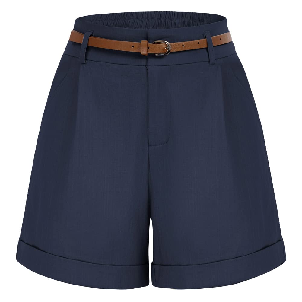 Belle Poque Women Bermuda Shorts Elastic Waist Wide Leg Shorts with Pockets &amp; Belts