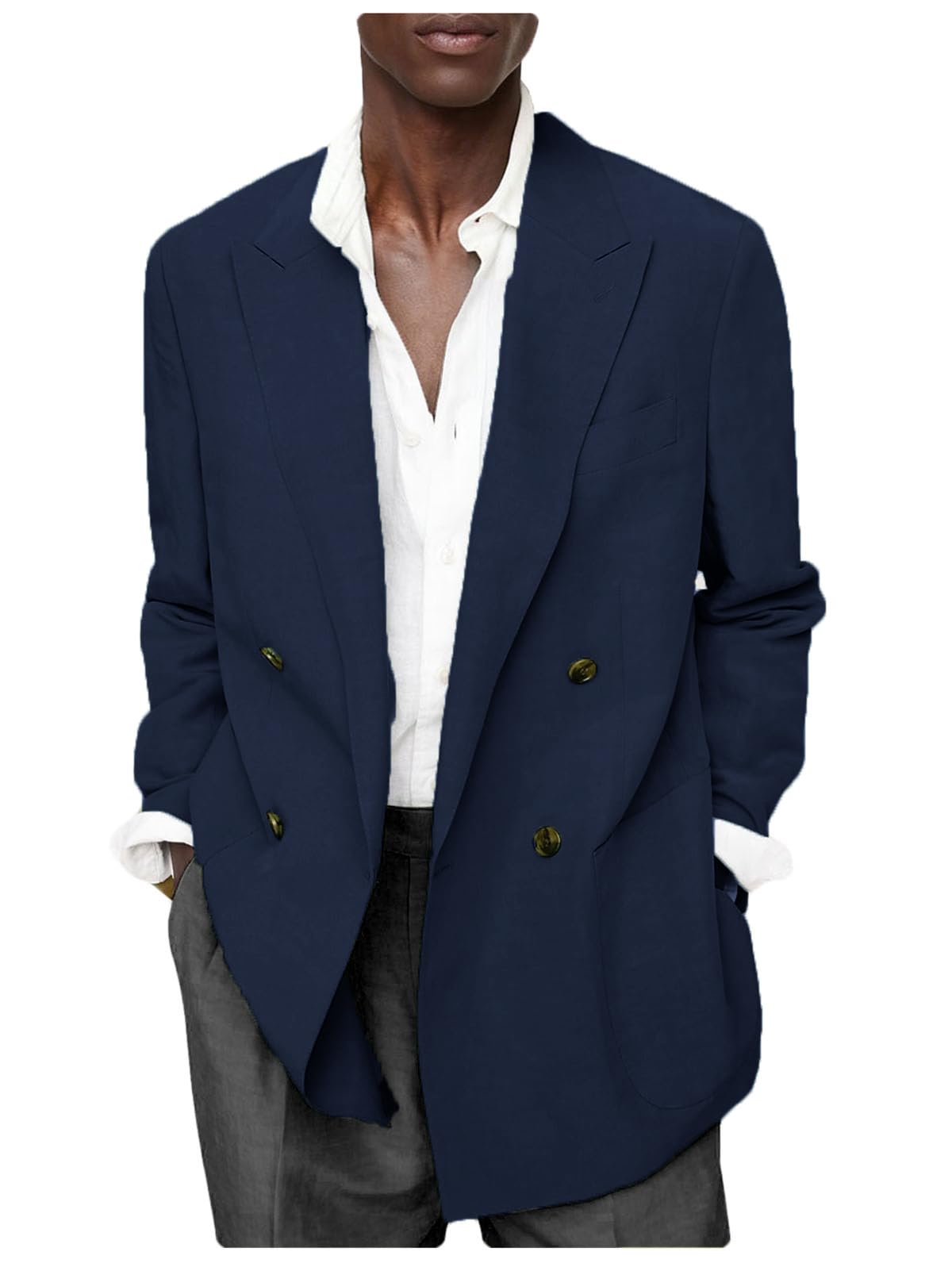 VENNYNG Men‘s Double Breasted Linen Cotton Blend Blazer Lightweight Sport Coat Breathable Summer Formal & Smart Casual Jacket