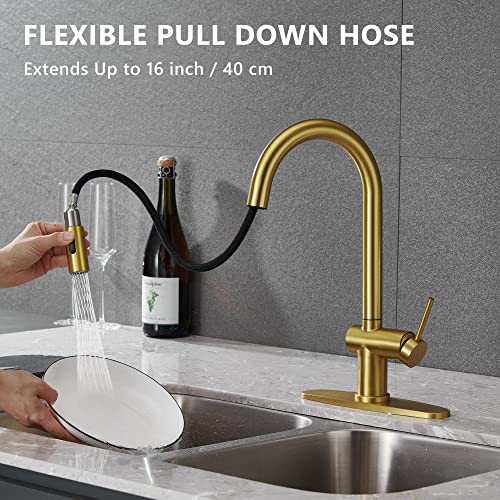 Yardmonet Brushed Gold Kitchen Faucet With Pull Down Sprayer, Modern Gold Kitchen Sink Faucet Single Hole With 10" Deck Plate, Single Handle Pull Out Kitchen Faucets For Sink #TOP2