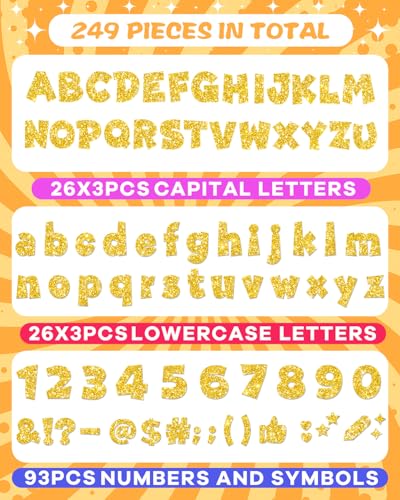 Image of 249 Pcs Glitter Bulletin Board Letters, Numbers and Punctuation 4 Inch | Cut Out Letters for Bulletin Board Decorations, Poster Board Letters Alphabet Cutouts for Classroom Wall Decor (Yellow)