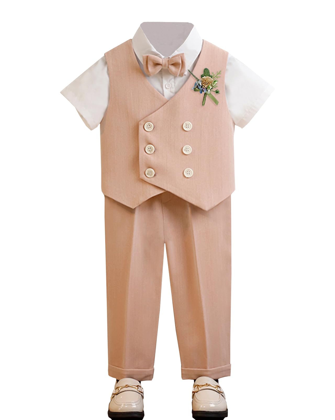Ensemble Mariage Cérémonie Garçon Costume Gentleman Baptême Tenues 5 pièces Chemise + Gilet + Pantalon + Noeud Papillon + Broche Fleurie