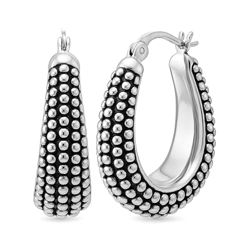 LeCalla 925 Sterling Silver Bali-Style Hoop Earrings Lightweight Click-Top Antique Two-Tone Beaded Italian Bali Style Earring Hoops for Women