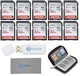 SanDisk 32GB Ultra SD Memory Card (10 Pack) SDHC UHS-I Card 90MB/s Class 10 (SDSDUNR-032G-GN6IN) Bundle with (1 Each) SD Card Wallet, Everything But Stromboli Microfiber Cloth and SD Card Reader
