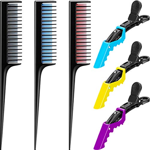 6 Pieces Triple Teasing Comb with Clips Set, Rat Tail Comb for Braids Layers Pintail Comb and Salon Hair Clips Alligator Styling Sectioning Clips Styling Clips for Men Women Girl Salon Supply