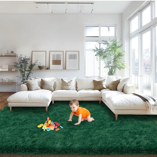 Area Rugs 9x12 Living Room, Large Fluffy Dark Green Area Rugs for Bedroom, Soft Carpet Shag Kids Room Rug, Non-Slip Fuzzy Rugs Indoor (9ft x 12ft, Dark Green)