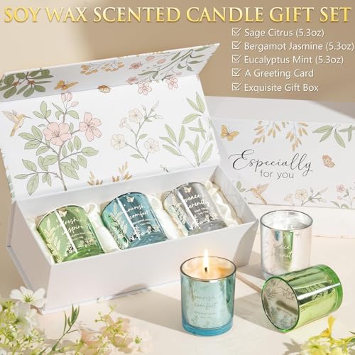 女性用香り付きキャンドル 3個パック キャンドルセット 家庭用ソイキャンドル 香り付き ホリデーキャンドルギフトセット 女性、友人、お母さんへのクリスマス誕生日ギフト - ユーカリミント/ベルガモットジャスミン/セージシトラス [2]