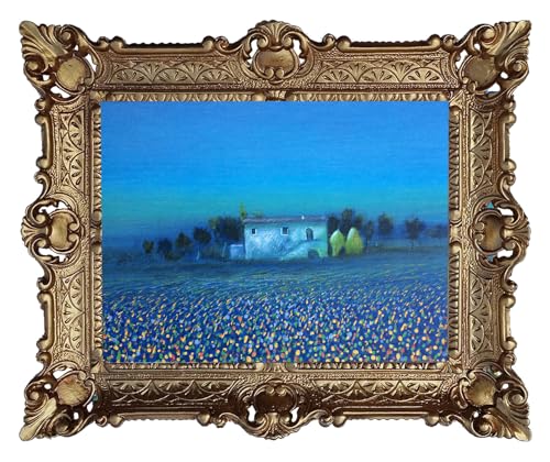 Impression de paysage vintage pour habiller un mur vide avec cadre doré bleu