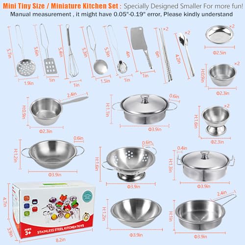 Tiny Classic Stainless Steel Kitchen Toys Cooking Utensils Set-Pretend Play Pots Pans Toy Cookware Kits for Kids Cooking Utensil Set Interactive Learning Role Play Educational Toys for Kids Mini Size - Image 6