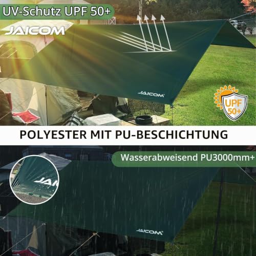 JAICOM Tarp Wasserdicht - 3x5M Camping Zeltplane, Ultraleicht und Tragbar, UV-Schutz & Schnee & Regen, Mit Ösen, Nylonseile… – Ansicht 4