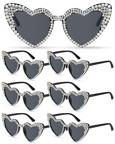 Kanayu 6 Pairs Heart Rhinestone Sunglasses Women Sunglasses for Bride,Bridesmaid,Wedding,Bachelorette Party(Black)