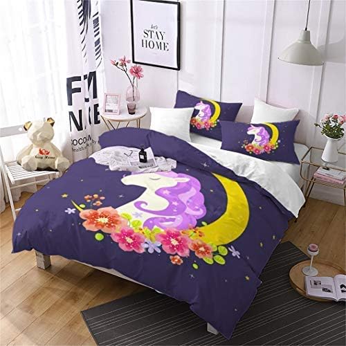 Jessy Home Unicorn Bedding Boys Girls Duvet Cover Queen Size Kids Cute Printed Quilt Cover Girls Bed Set Cartoon Bedding Children Animal Unicorn Duvet Cover+2 Pillowcases Floral Unicorn Purple