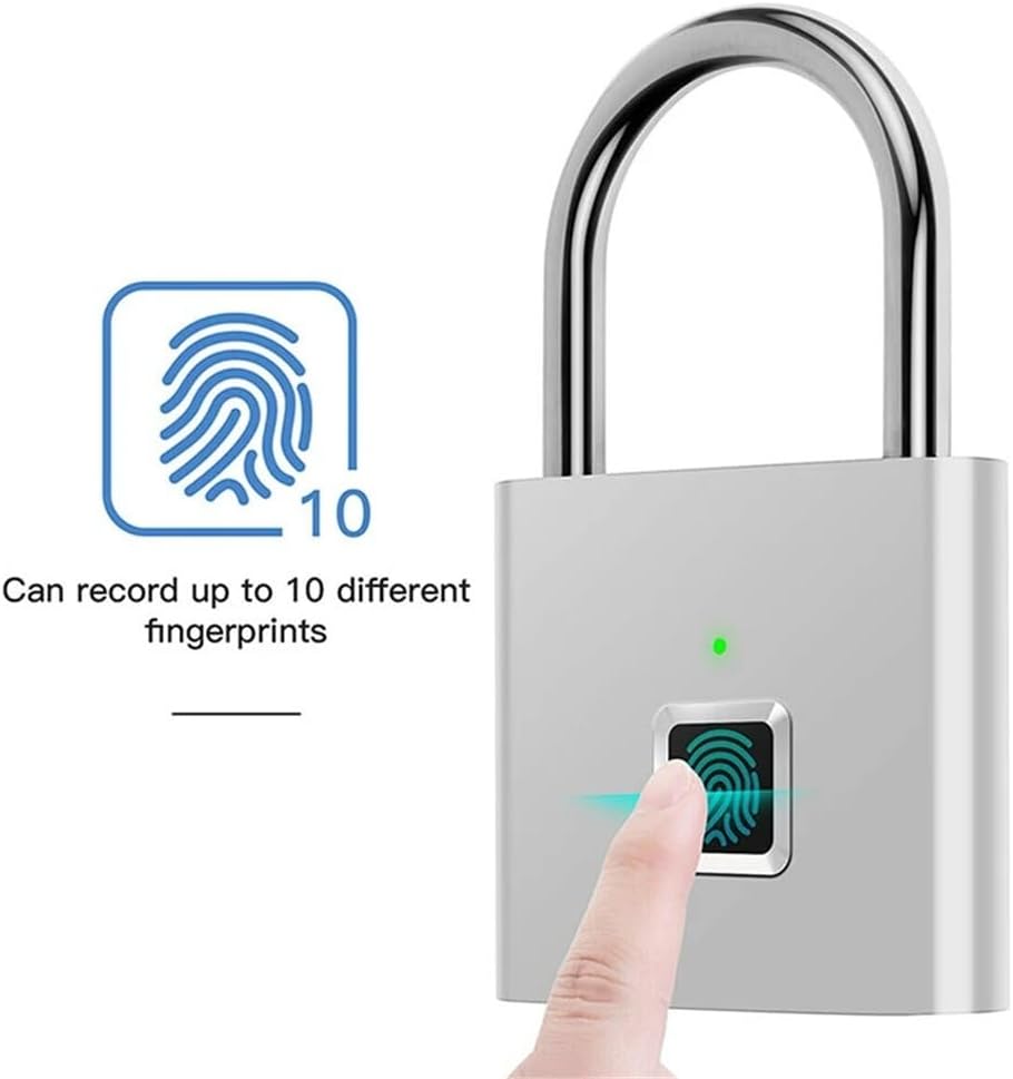 Keyless USB Charging Door Lock Fingerprint Smart Padlock Quickly Unlock Zinc Alloy Metal Self-Imaging Chip 10 Fingerprints(Silver)
