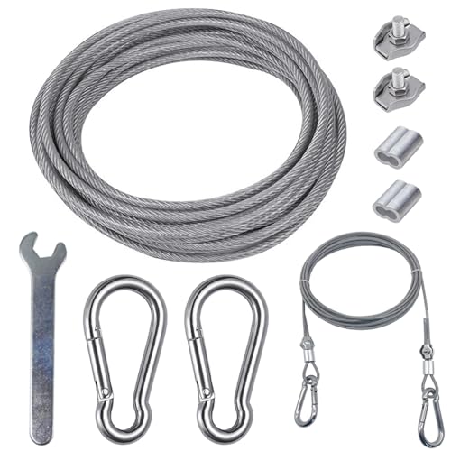 aufodara 10 Metros Cuerda Alambre Cable de Colgar 3mm con revestimiento de PVC, Mosquetón de Acero Inoxidable M6 y mini llave inglesa, para Cuerdas de Tendedero Lanyard (10M)